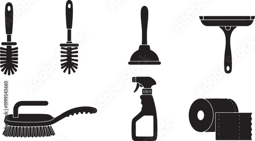 Black Solid Home Bathroom Cleaning Tools Silhouettes Set of Six