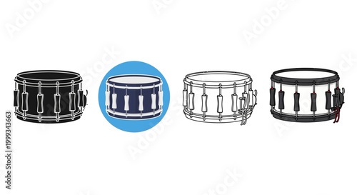 Collection of snare drum styles in flat design and line art