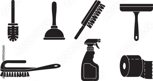 Black Solid Home Bathroom Cleaning Tools Silhouettes Set of Six
