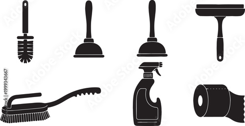 Black Solid Home Bathroom Cleaning Tools Silhouettes Set of Six