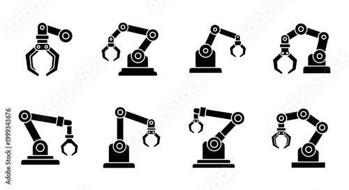 Set of eight black industrial robot arm icons on a white background