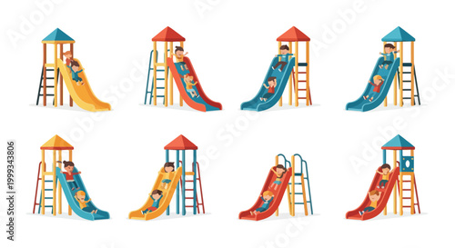Happy children having fun on various playground slides, enjoying recreational activities in a park. Kids playing outdoors with joy and enthusiasm