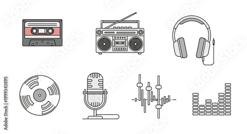 Retro audio equipment icons set with cassette tape and boombox