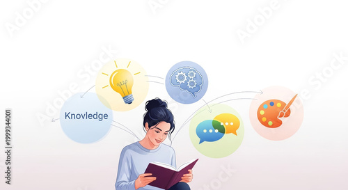 Young woman reading a book surrounded by innovation, communication, and creative thinking concept for knowledge and skill development