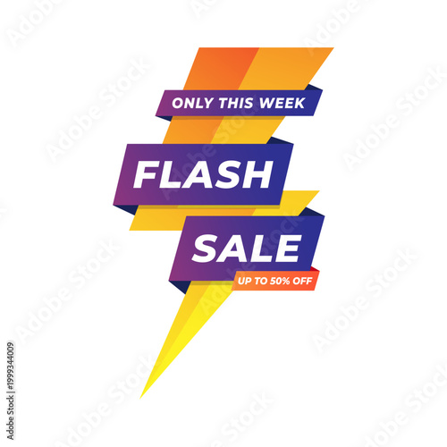 vector illustration of a dynamic flash sale banner with bold lightning bolt shape, vibrant gradient colors, and text “Only This Week Flash Sale Up to 50% Off” on a clean background.