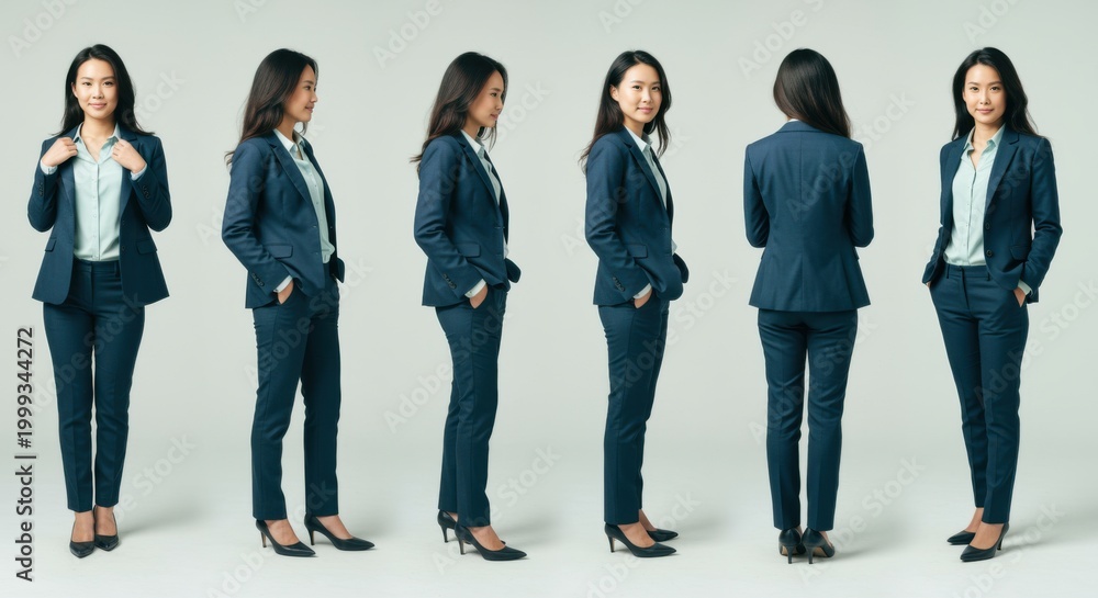 Fototapeta premium Young East Asian businesswoman in navy blue suit shown in sequential poses against a light background for corporate talent, professional services and career recruitment