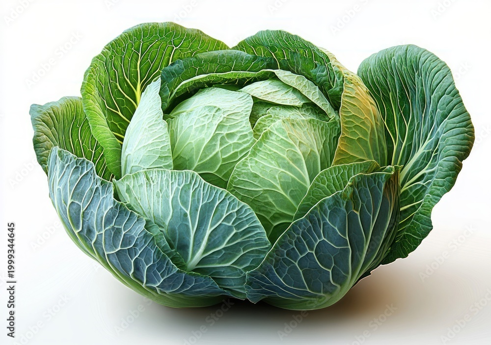 Obraz premium Fresh whole green cabbage with layered veined leaves, crisp and nourishing