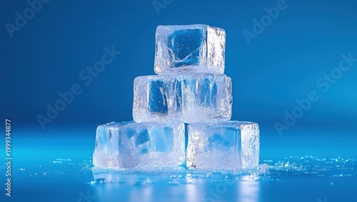 stack of five clear ice cubes on a reflective blue surface with water droplets, glistening and evoking cold refreshing crispness