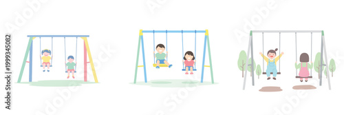 Collection of charming watercolor-style illustrations depicting happy children enjoying playful moments on various swings in a park setting, symbolizing innocent joy and outdoor recreation