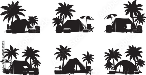 Black Solid Beach Camping Palm Silhouettes Set of Six on White Background