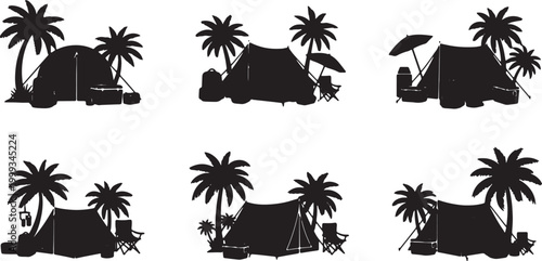 Black Solid Beach Camping Palm Silhouettes Set of Six on White Background