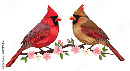 Photos Northern cardinal birds perched on a flowering branch vector illustration