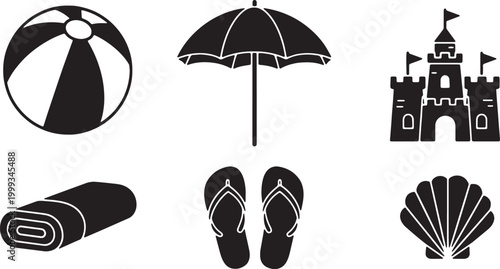 Black Solid Beach Items Silhouettes Set of Six on White Backgrou