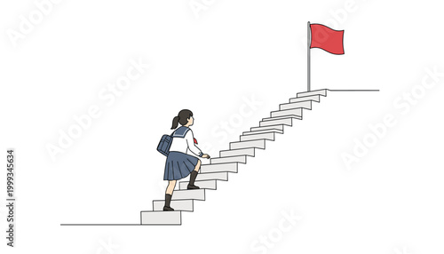 Vector a student in a school uniform climbing up the stairs towards a red flag, symbolizing success, achievement, and reaching goals