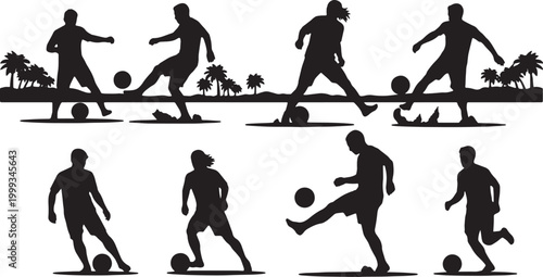 Black Solid Beach Soccer Palm Silhouettes Set of Six on White Background