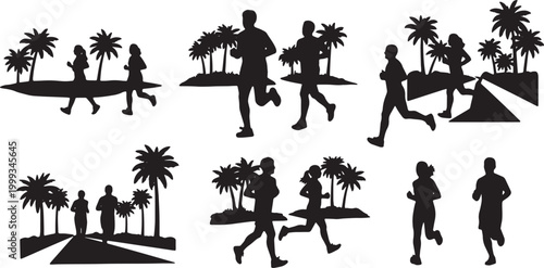 Black Solid Beach Runner Palm Silhouettes Set of Six on White Background