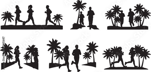 Black Solid Beach Runner Palm Silhouettes Set of Six on White Background