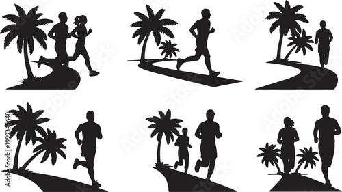 Black Solid Beach Runner Palm Silhouettes Set of Six on White Background