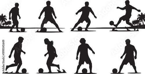 Black Solid Beach Soccer Palm Silhouettes Set of Six on White Background
