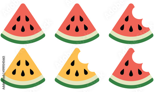 Set of assorted watermelon slices with red and yellow flesh vector icons isolated on white background