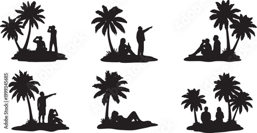 Black Solid Beach Stargazing Palm Silhouettes Set of Six on White Background