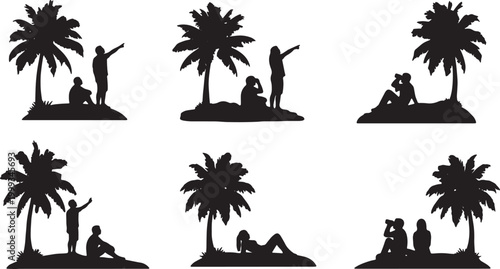 Black Solid Beach Stargazing Palm Silhouettes Set of Six on White Background