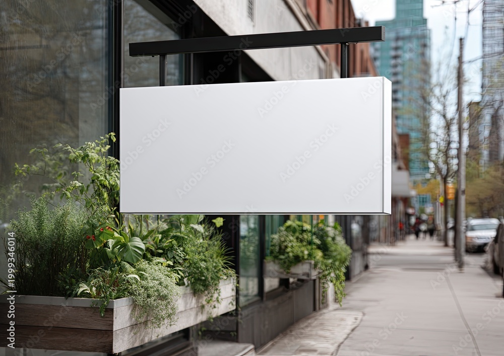 Fototapeta premium Blank rectangular signage suspended outside a storefront with plants