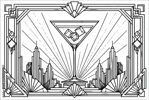 Art deco style martini glass with city skyline background vintage illustration Vector