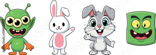 Billede på lærred Cute Cartoon Character Set Featuring Alien Bunny Rabbit Cat and Green Monster Fu
