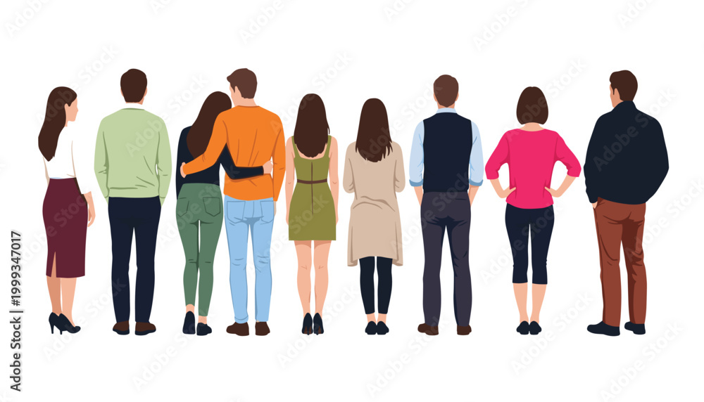 Fototapeta premium Vector group of people standing back view isolated on white background