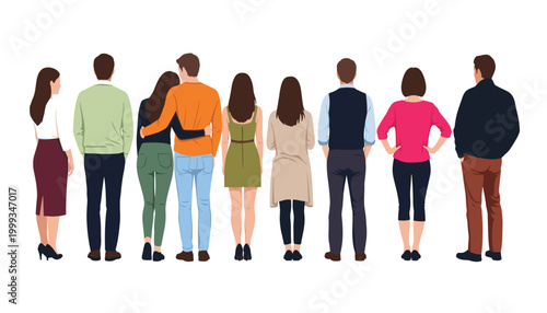 Vector group of people standing back view isolated on white background