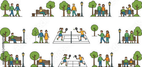 Flat line vector illustration set of people in public park playing tennis sitting on benches and walking outdoors for summer lifestyle.