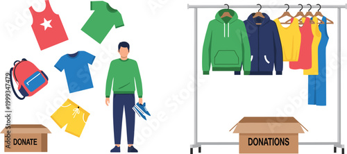 Flat Style Clothing Donation Box Rack Man Donating Clothes Charity Volunteer Social Help Concept Vector Illustration Set