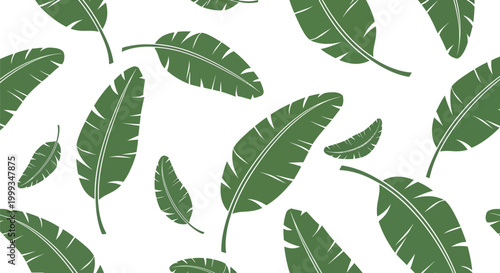 Green banana leaves pattern on white background, tropical plant foliage, simple repeat design