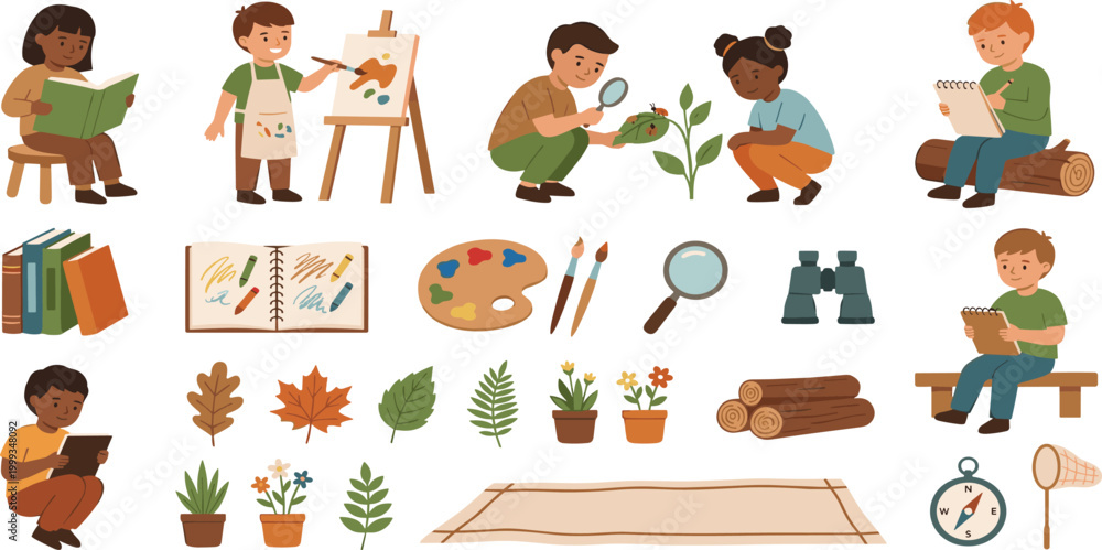 Fototapeta premium Flat vector illustration set of children engaged in nature study art and outdoor learning activities with magnifying glass and painting tools.