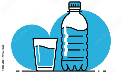 Clean vector illustration of water bottle and glass for healthy living concepts showing hydration and daily water intake habits with blue background