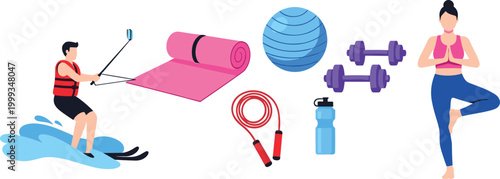 Flat Vector Set of Sports and Fitness Icons Featuring Water Skiing, Yoga, Gym Equipment, and Active Lifestyle Elements for Health Design