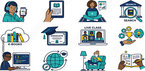 Flat vector illustration set of online education and e-learning concepts featuring students digital library live classes graduate diploma and remote study.