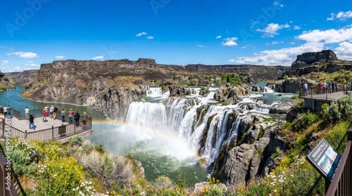 Panoramic View of Shoshone Falls with Rainbow and Tourists in Idaho