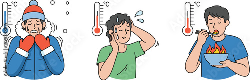 Outline Vector Illustration of Men Feeling Cold, Hot, and Spicy Food Burning with Thermometer Showing Different Temperature Sensation Concepts