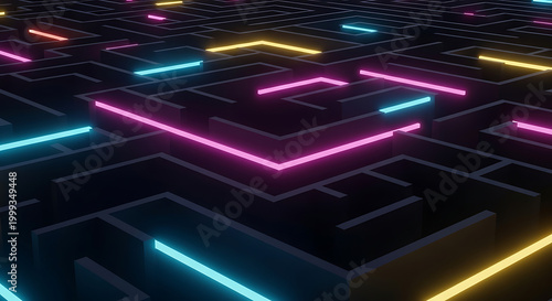 A dark maze illuminated by neon lights in shades of pink cyan and yellow on a black background ai generated