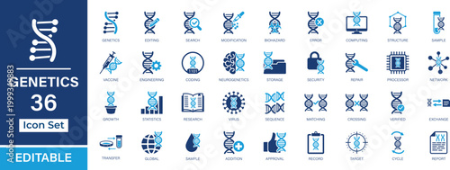 Genetics 36 Solid Icon Set. Featuring DNA, biotechnology, lab research, and genetic engineering elements for UI, UX, apps, web, editable, scalable design assets collection.