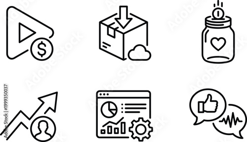 Modern business and marketing icon set featuring video monetization, cloud delivery, charity donation jar, career growth, analytics dashboard, and social feedback.