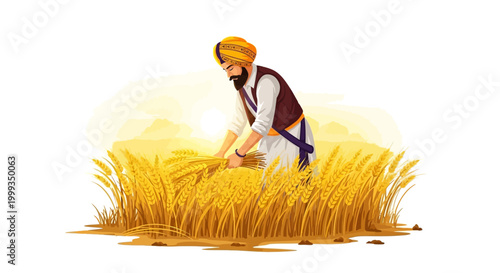Celebrating Vaisakhi, a Sikh man in traditional attire harvests wheat in a sunny field, rendered with digital painting techniques against a bright white background, conveying a sense