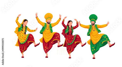 Celebrating Vaisakhi, a group of traditionally dressed Indian dancers performs Bhangra, with men in yellow turbans and women in red and yellow outfits, captured in a lively, full shot