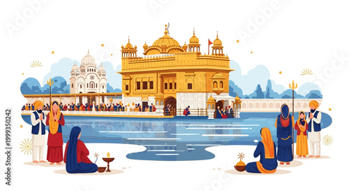 Celebrating Vaisakhi, a group of people gathers near the Golden Temple and a body of water in a festive illustration, featuring traditional clothing and a bright color palette