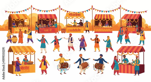 Celebrating Vaisakhi, a vibrant illustration depicts people enjoying happy Baisakhi festivities near decorated market stalls against a light background, showcasing cultural attire