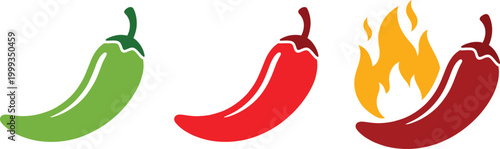Chili pepper spice level icons showing mild medium and hot heat intensity food rating concept illustration