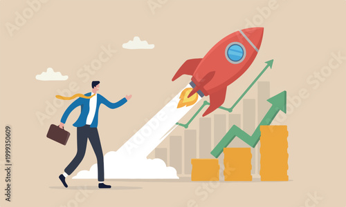 Success income big red rocket profit or growing pension fund, prosperity concept, rich businessman with coin stack and growth chart