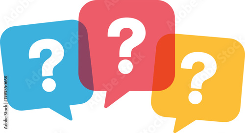Colorful question mark speech bubbles representing inquiry, communication and brainstorming concept, FAQ support and problem solving ideas, modern vector illustration design